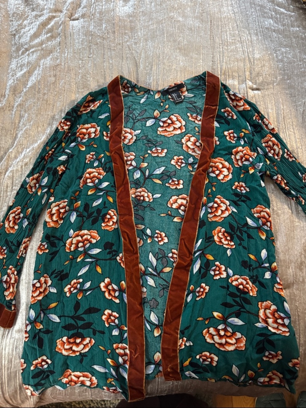 Forever 21 Teal Floral Open Cardigan with velvet Trim